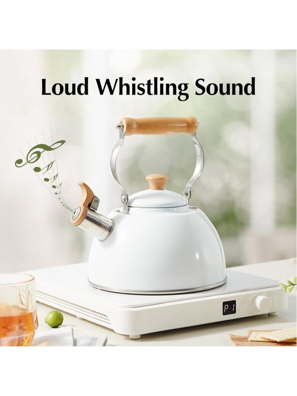 ROCKURWOK 1.6 Quart White Whistling Tea Kettle Stainless Steel Stovetop Tea Pot - Picture 2 of 6